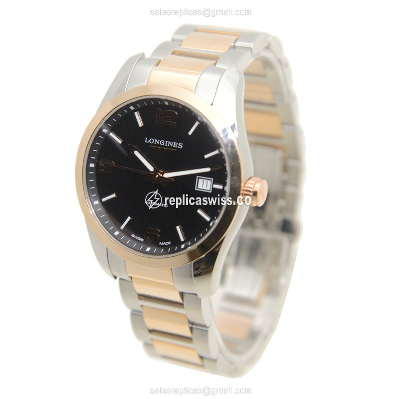 Longines Conquest Replica - Automatic - 18kt Rose Gold & Steel Case - Black Dial, Silver Clasp & Strap - View 3