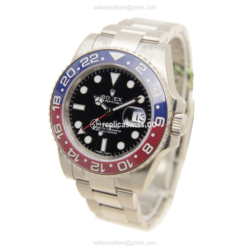 Rolex GMT-MASTER II Replica - 18kt Gold - Black Dial - Automatic - Silver Strap - View 3