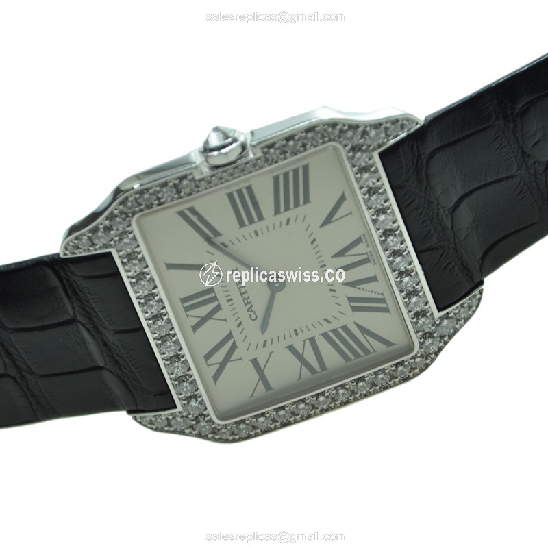 Cartier Santos Replica - Manual - 18kt White Gold - Diamond - White Dial - Black Alligator Strap - View 3