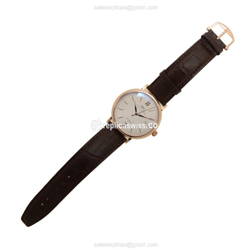IWC Portofino Replica - Automatic - 18kt Rose Gold - Silver Dial - Brown Alligator Strap - View 2