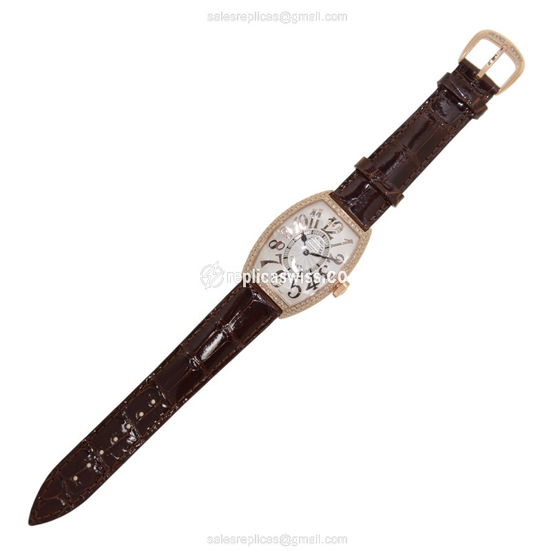 Franck Muller 5852 QZ REL D 5N Replica - Quartz - 18kt Rose Gold Case - Silver Dial - Diamond Bezels - Black Alligator Strap - View 2