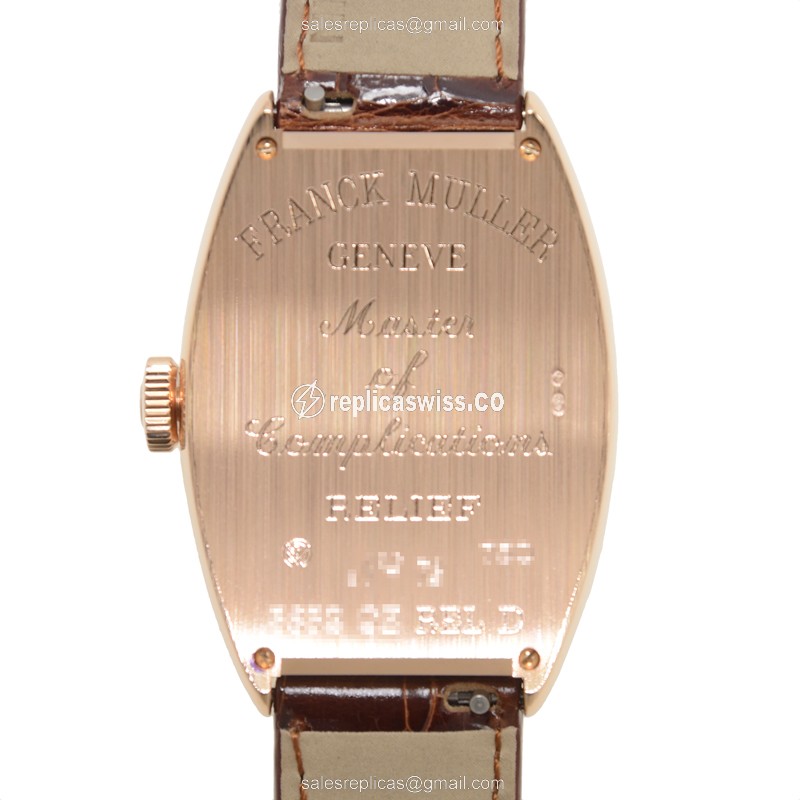 Franck Muller 5852 QZ REL D 5N Replica - Quartz - 18kt Rose Gold Case - Silver Dial - Diamond Bezels - Black Alligator Strap - View 3