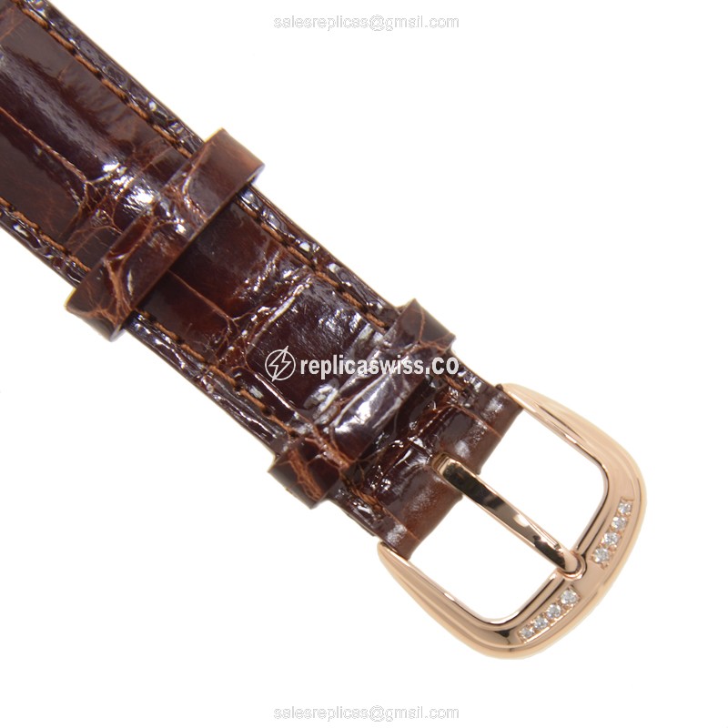 Franck Muller 5852 QZ REL D 5N Replica - Quartz - 18kt Rose Gold Case - Silver Dial - Diamond Bezels - Black Alligator Strap - View 4