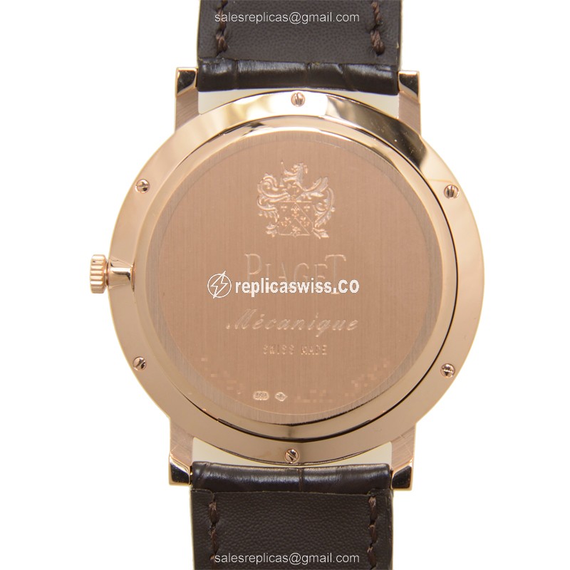 Piaget ALTIPLANO Replica - Manual - 18kt Rose Gold - Diamonds - White Dial - Brown Alligator Buckle - View 3