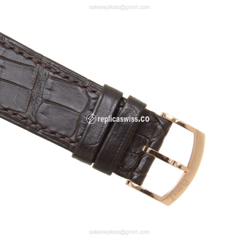 Piaget ALTIPLANO Replica - Manual - 18kt Rose Gold - Diamonds - White Dial - Brown Alligator Buckle - View 4