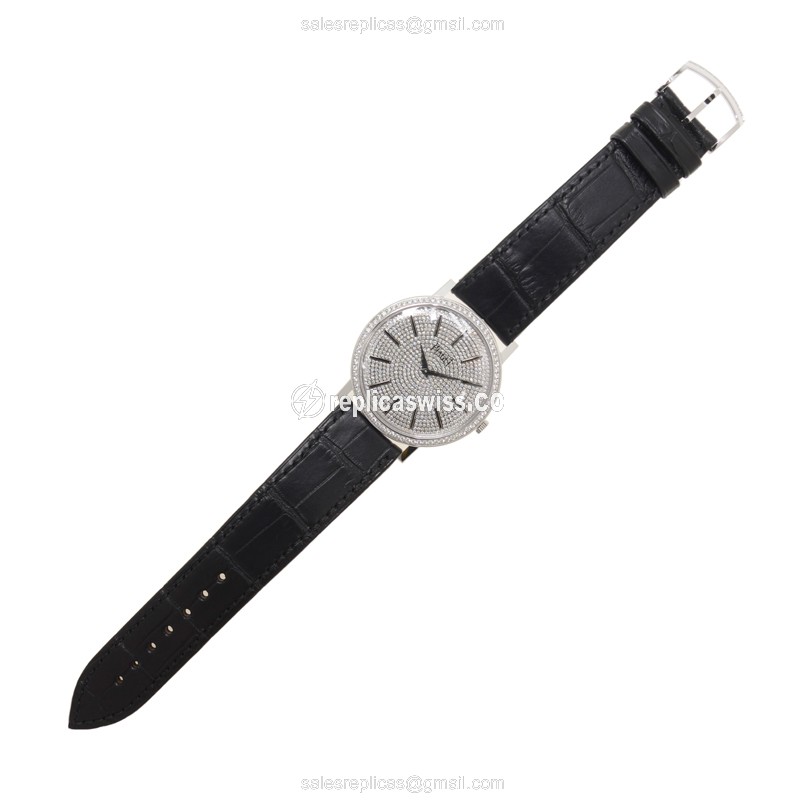Piaget ALTIPLANO Replica - Manual Wind - 18kt White Gold - Diamond Set - Silver Dial - Black Alligator Strap - View 2