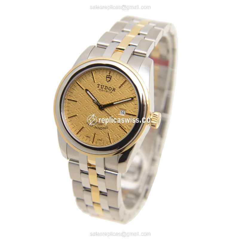 Tudor Glamour Date Replica - Automatic - 18kt Gold & Steel - Gold Dial, Silver Strap - View 3