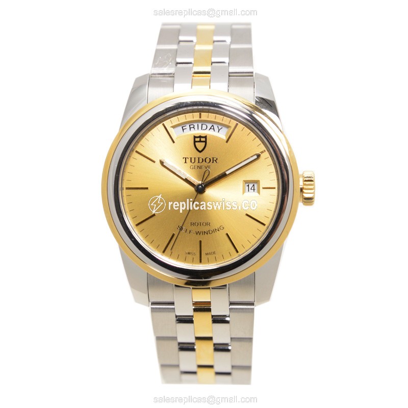 Tudor Glamour Date Replica - Automatic - 18kt Gold & Steel Case - Gold Dial - Silver Strap - View 2