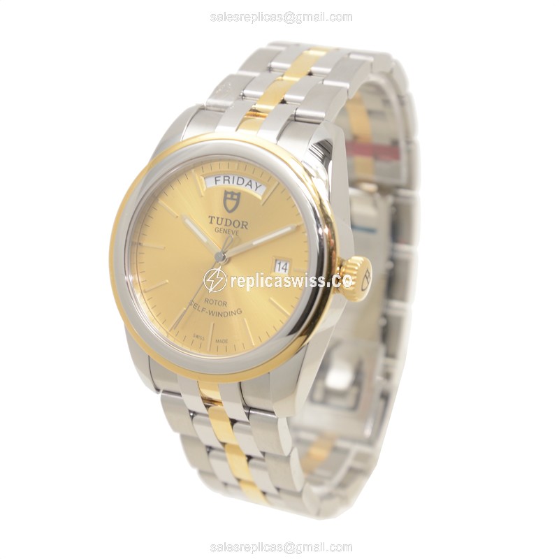 Tudor Glamour Date Replica - Automatic - 18kt Gold & Steel Case - Gold Dial - Silver Strap - View 3