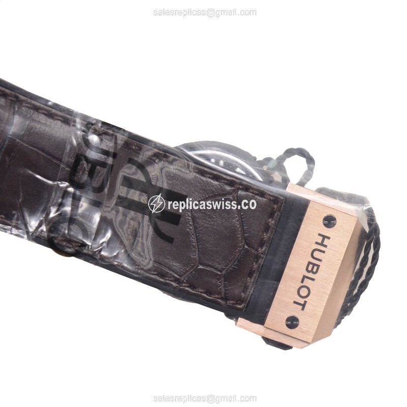 Hublot BIG BANG Replica - Automatic 18kt Rose Gold - Black Dial - Brown Alligator Strap - View 4