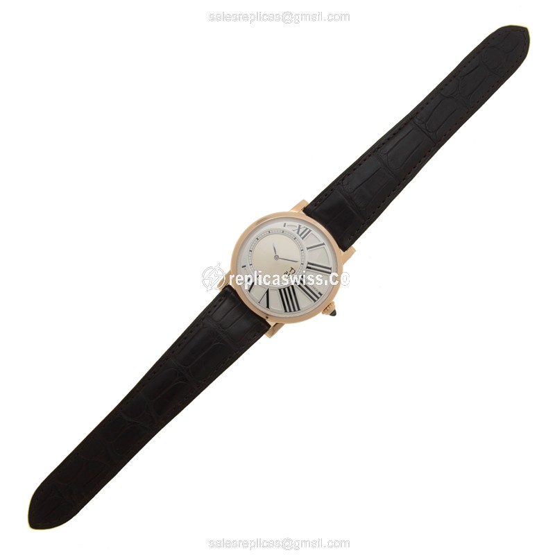 Cartier Rotonde Replica - Manual - 18kt Rose Gold - Silver Dial - Alligator Black Clasp - View 2