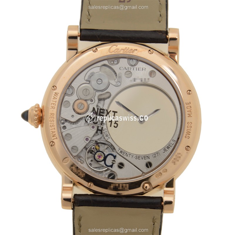 Cartier Rotonde Replica - Manual - 18kt Rose Gold - Silver Dial - Alligator Black Clasp - View 3