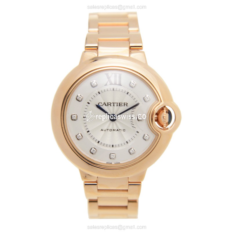 Cartier Ballon Bleu Replica - Automatic - 18kt Rose Gold Case - Silver Dial - Gold Strap - View 2