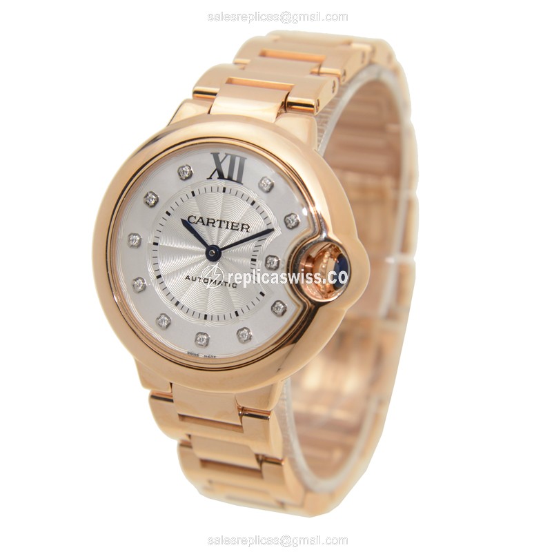 Cartier Ballon Bleu Replica - Automatic - 18kt Rose Gold Case - Silver Dial - Gold Strap - View 3