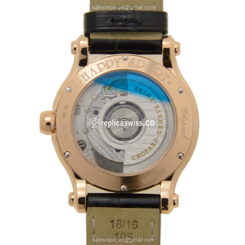 Chopard Happy Sport Replica - Auto - 18kt Rose Gold - Silver Dial - Black Alligator Buckle - View 3