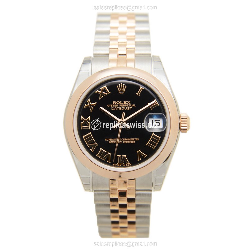 Rolex Lady Datejust Replica - Automatic - 18kt Rose Gold & Steel Case - Black Dial on Silver Strap - View 2