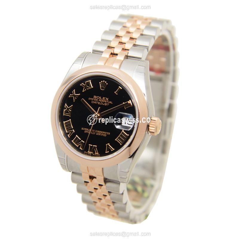 Rolex Lady Datejust Replica - Automatic - 18kt Rose Gold & Steel Case - Black Dial on Silver Strap - View 3