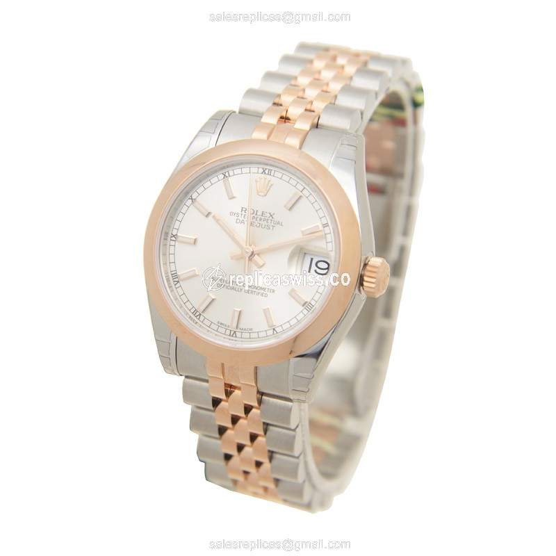 Rolex Datejust Replica - Automatic - 18kt Rose Gold Case - Silver Dial - Steel Clasp & Strap - View 3