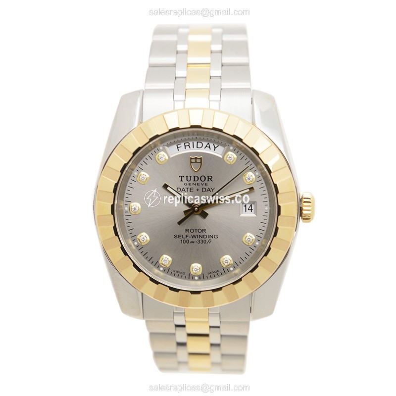 18kt Tudor GY Classic - Automatic - Silver Dial - Gold & Steel - Black Band - View 2