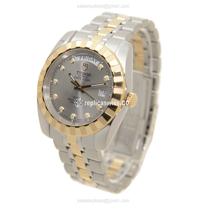 18kt Tudor GY Classic - Automatic - Silver Dial - Gold & Steel - Black Band - View 3