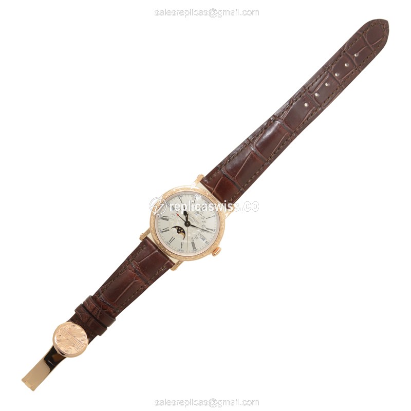 Patek Philippe 5160R-001 Replica - Automatic - 18kt Rose Gold - White Dial - Brown Alligator Strap - View 2