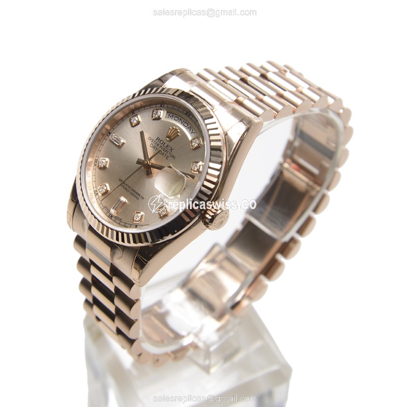 Rolex DAY-DATE Replica | Automatic | 18kt Gold Case, Pink Dial | Gold Clasp, Gold Strap - View 3
