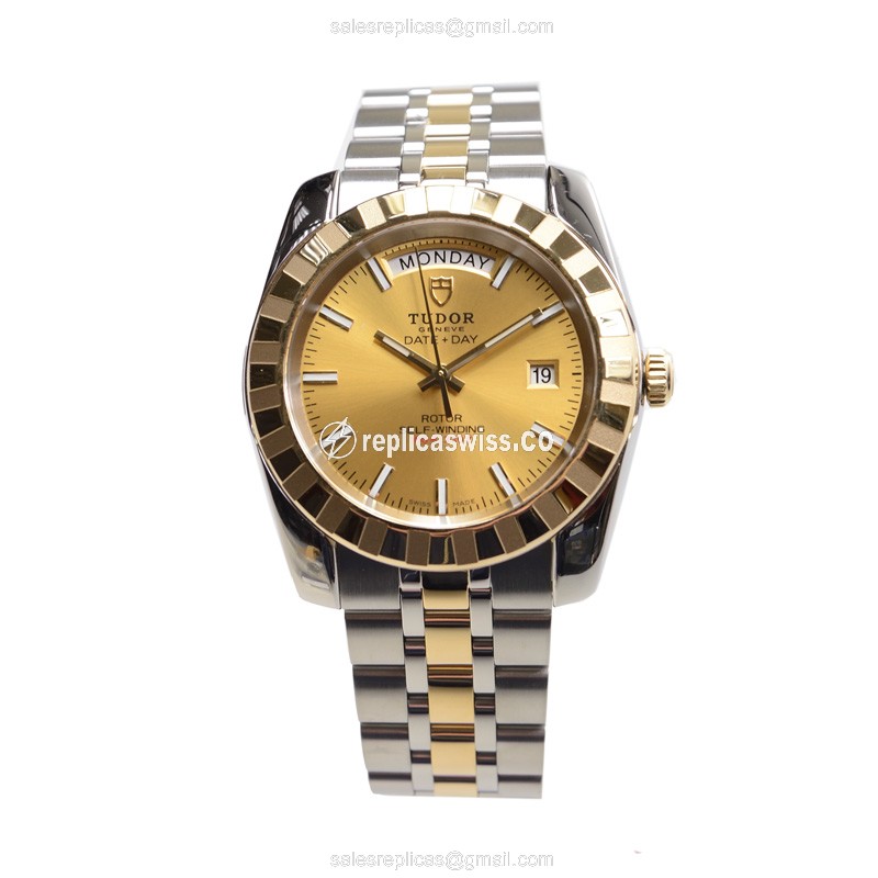 Automatic Tudor Classic 18kt Gold & Steel - Gold Dial - Silver Strap - Clasp - View 2