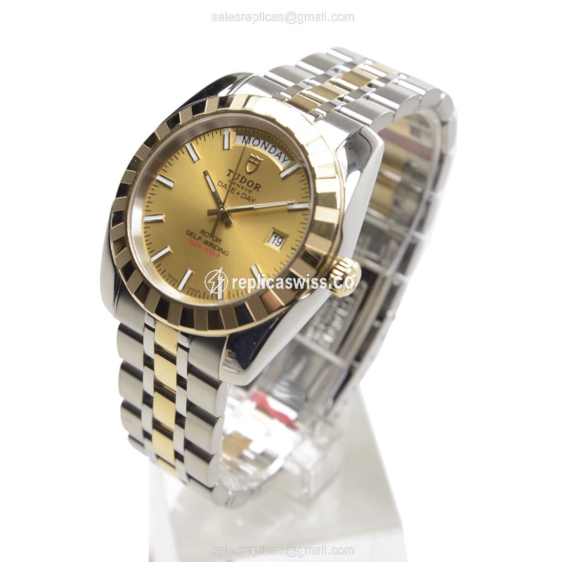 Automatic Tudor Classic 18kt Gold & Steel - Gold Dial - Silver Strap - Clasp - View 3