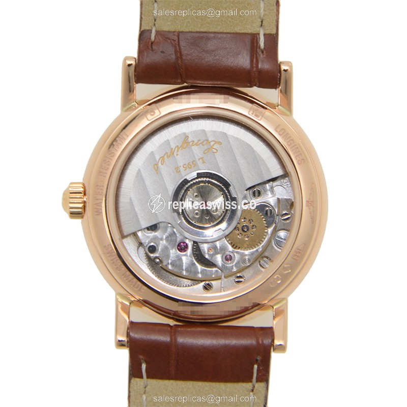Longines Heritage Classic Replica - Automatic - 18kt Rose Gold - White Dial on Brown Alligator Strap - View 3