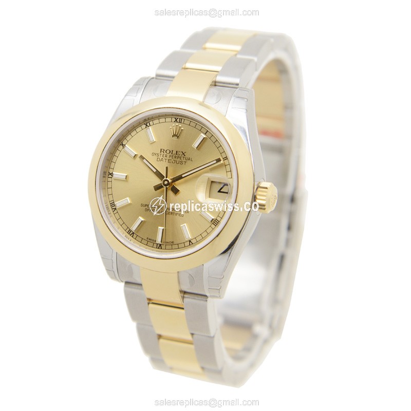 Rolex Lady Datejust Replica - Automatic - Gold Dial - Silver Clasp - 18mm - View 3