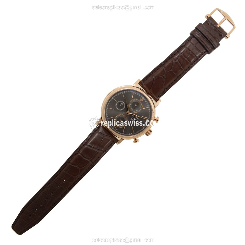 IWC Portofino Replica - Automatic - 18kt Rose Gold - Dark Grey - Brown Alligator Strap - View 2