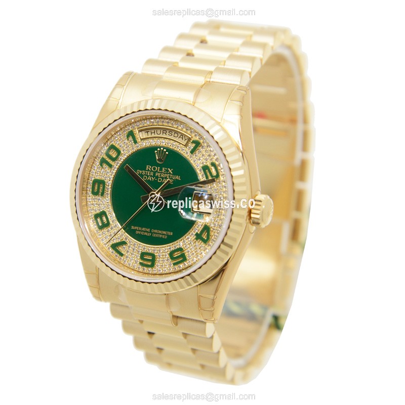 Rolex DAY-DATE Replica - 18kt Gold Case - Green Dial - Automatic Clasp - View 3