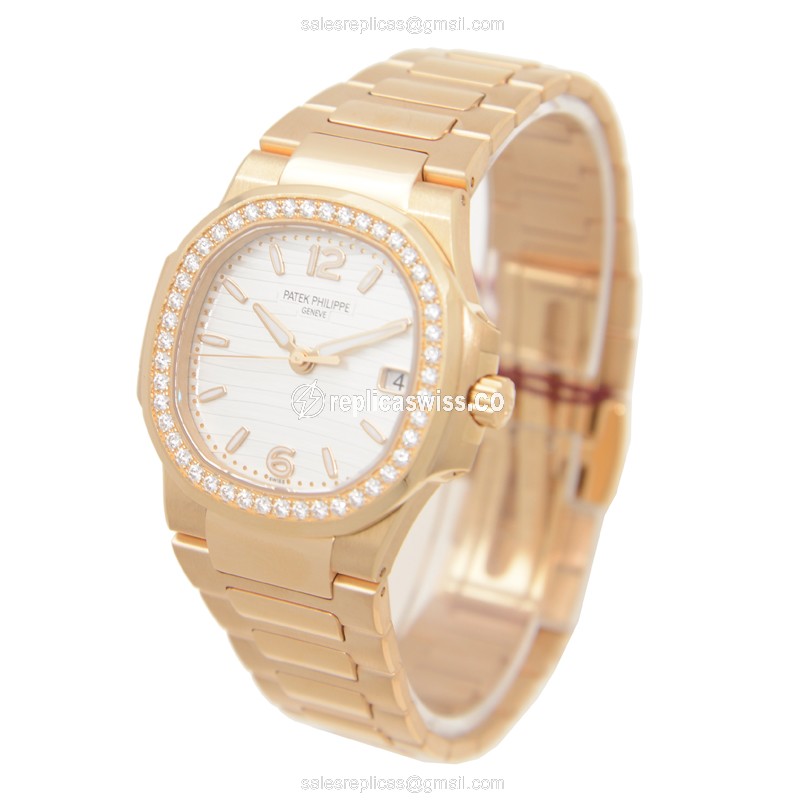Patek Philippe Replica 7010/1R-011 - Quartz - 18kt Rose Gold - White Dial - Gold Clasp & Strap - View 3