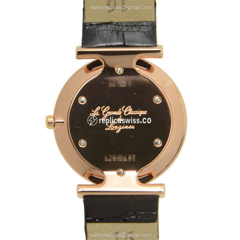 Longines LA GRANDE Replica - Quartz - 18kt Rose Gold - White Dial, Buckle Clasp, Black Alligator Strap - View 3
