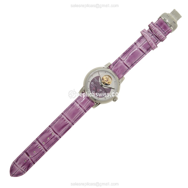 Tissot Lady Heart Replica - Automatic - White Dial - Steel Case - Purple Leather Strap - View 2