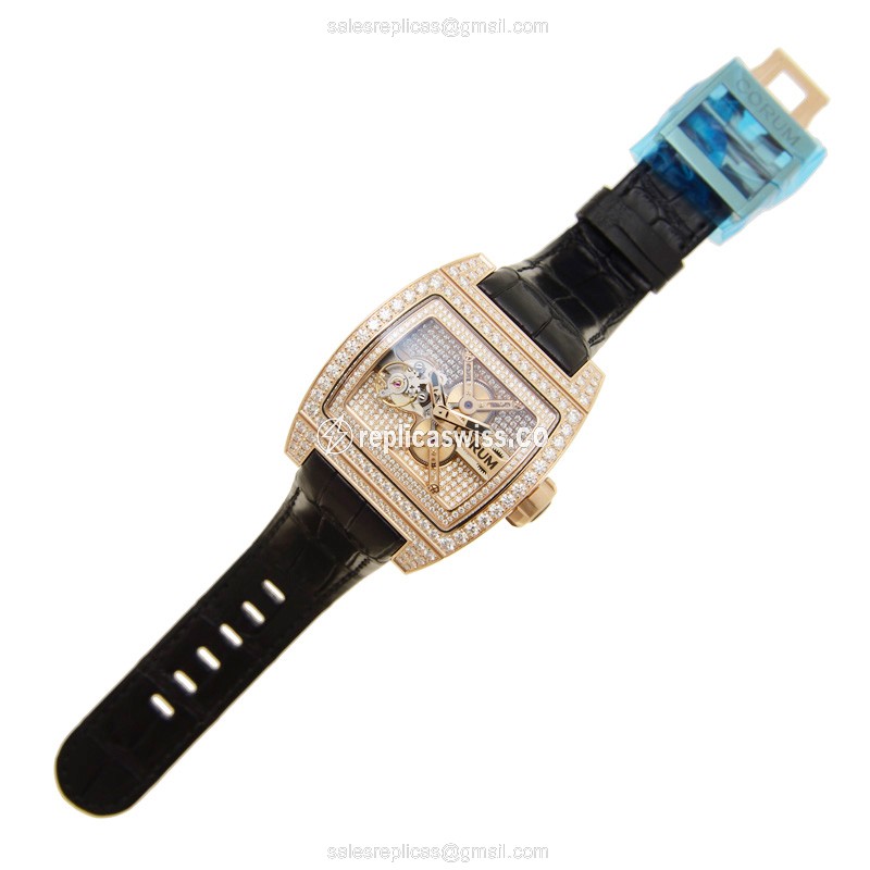 Corum BRIDGE Replica - Automatic - 18kt Rose Gold - Pink Dial - Diamonds - Black Alligator Strap - View 2