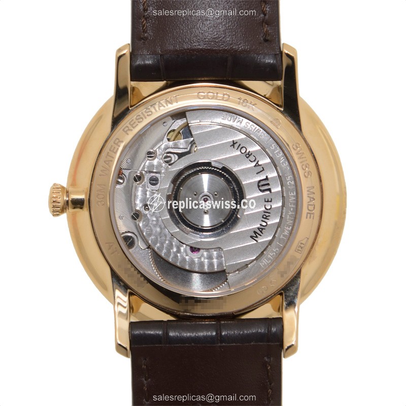 Maurice Lacroix LC6007-PG101-110 Replica - Auto - 18kt Rose Gold - White Dial - Brown Alligator Buckle - View 3