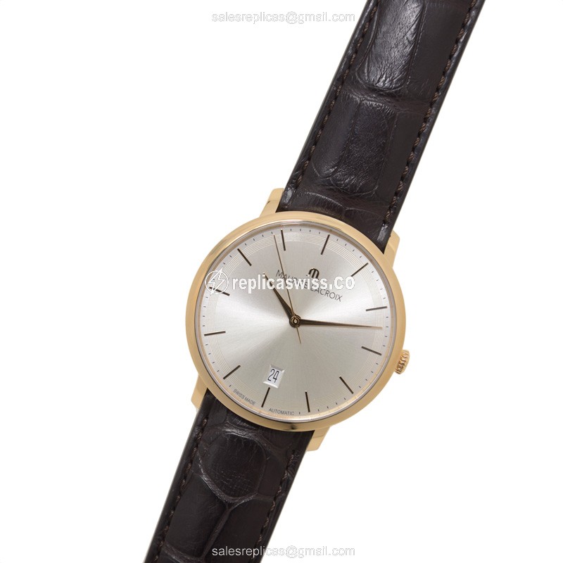 Maurice Lacroix LC6007-PG101-130 Replica - Automatic - 18kt Rose Gold - Silver Dial - Brown Alligator Strap - View 2