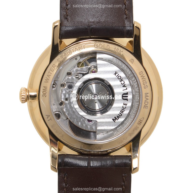 Maurice Lacroix LC6007-PG101-130 Replica - Automatic - 18kt Rose Gold - Silver Dial - Brown Alligator Strap - View 3