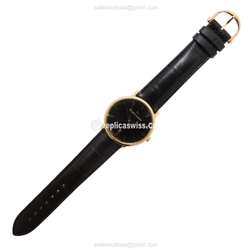 Maurice Lacroix LC6007-PG101-330 Replica - Automatic - 18kt Rose Gold - Black Dial - Alligator Black Strap - View 2