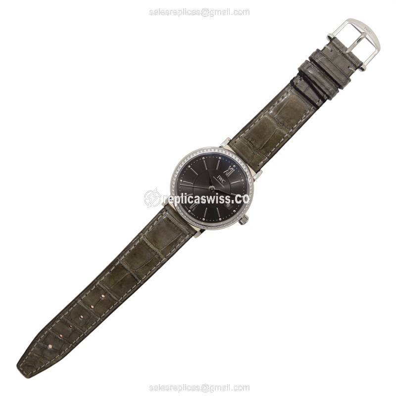 IWC Portofino Replica - Automatic - Diamond Case - Dark Grey - Grey Alligator Buckle - View 2