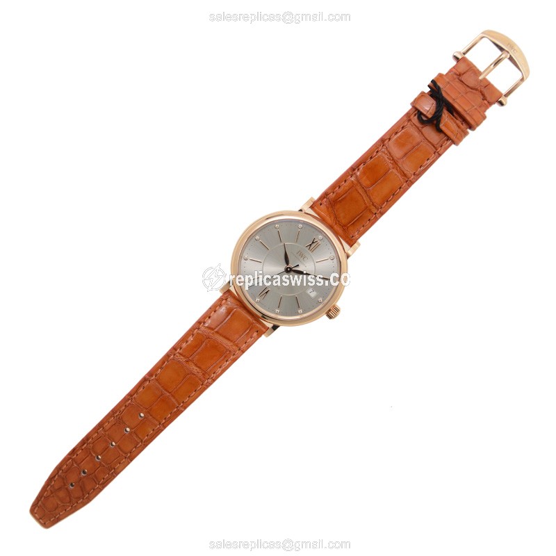 IWC Portofino Replica - Automatic 18kt Rose Gold - Silver Dial, Orange Alligator Strap - Buckle Clasp - View 2