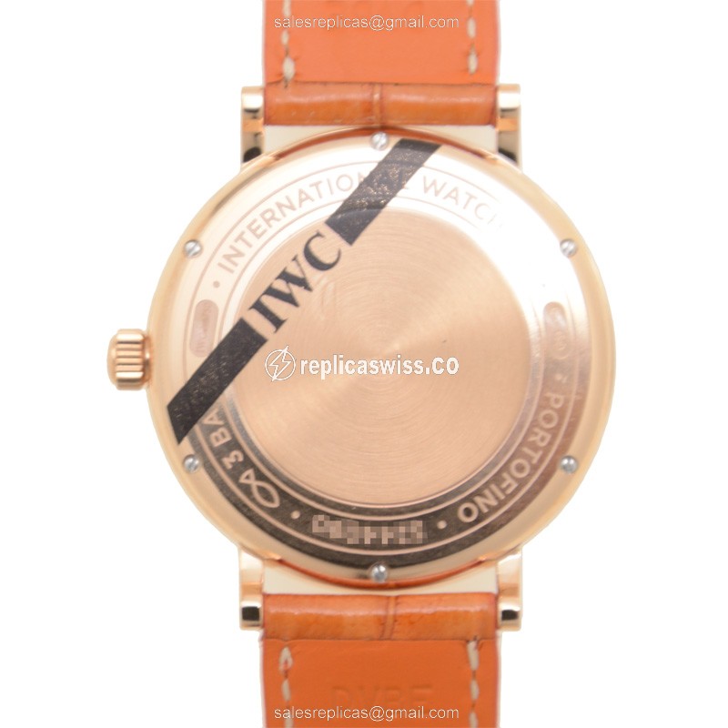 IWC Portofino Replica - Automatic 18kt Rose Gold - Silver Dial, Orange Alligator Strap - Buckle Clasp - View 3