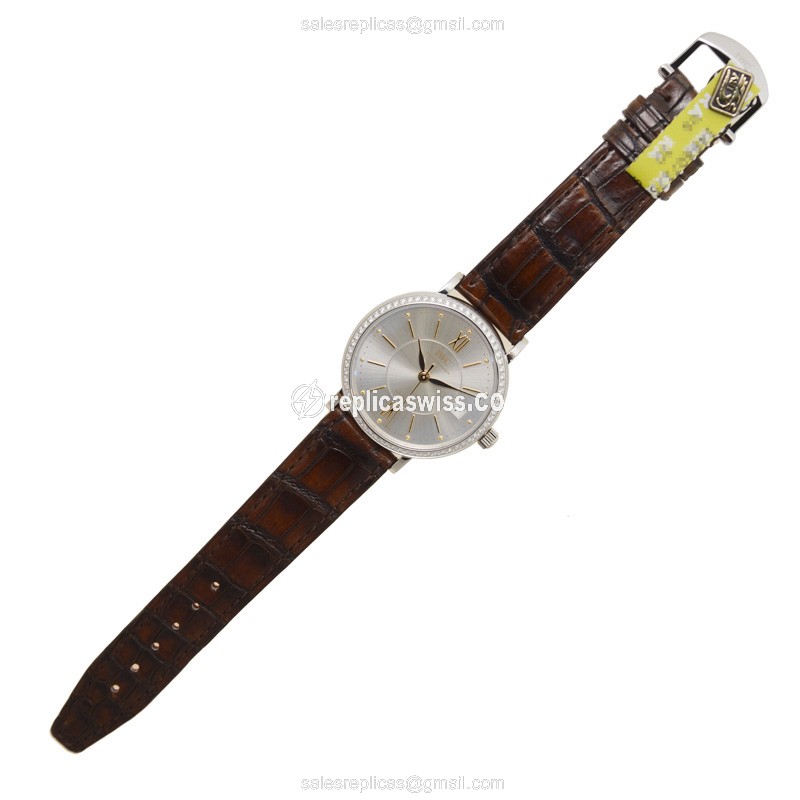 IWC Portofino Replica - Automatic - Diamond Case - Silver Dial - Brown Alligator Buckle - View 2