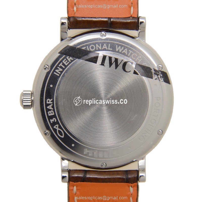 IWC Portofino Replica - Automatic - Diamond Case - Silver Dial - Brown Alligator Buckle - View 3