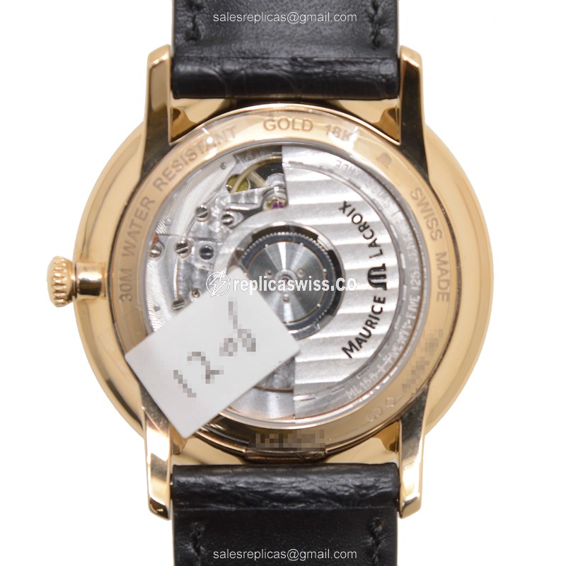 Maurice Lacroix LC6007-PG101-310 Replica - Automatic - 18kt Rose Gold - Black Dial - Brown Alligator Strap - View 3