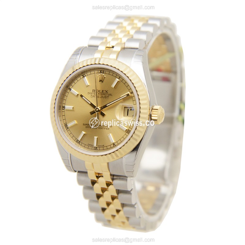 Rolex Datejust Replica - 18kt Gold & Steel - Automatic - Gold Dial - View 3