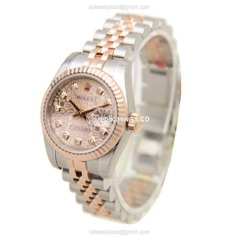 Rolex Datejust Lady Replica - Automatic - 18kt Rose Gold & Steel - Pink Dial - Silver Strap - View 3