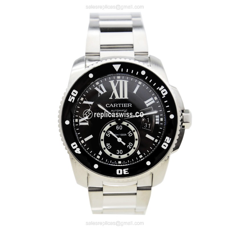 Cartier W7100057 Replica - Automatic - Steel Case - Black Dial - Silver Band - View 2