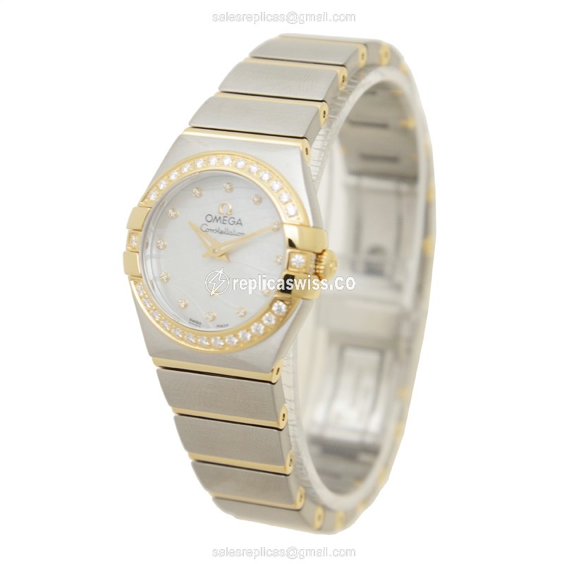 Omega Constellation Quartz 18kt Gold & Diamond - White Dial - Steel Case - Silver strap - View 3